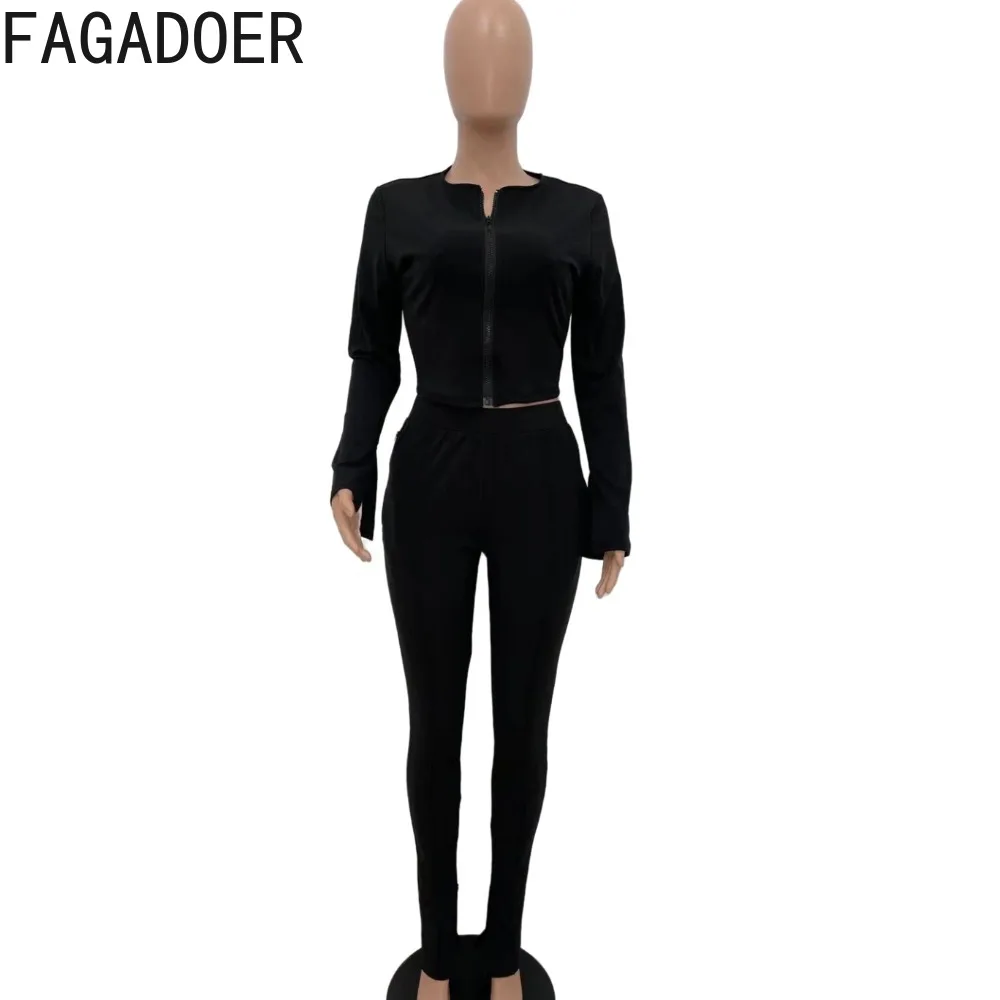 FAGADOER Autumn Casual Zipper Slit Skinny Pants Sets Women Long Sleeve Top + Pants Two Piece Outfits Female Solid 2pcs Tracksuit