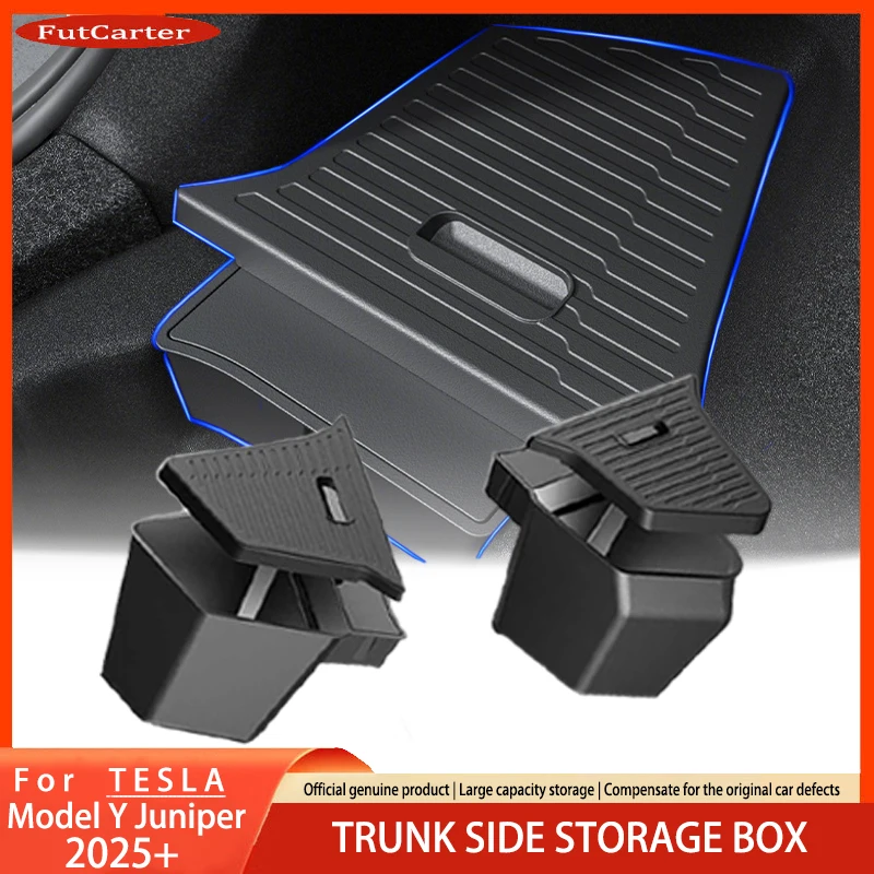 Tesla Model Y Juniper 2025 + TPE 자동차 트렁크 사이드 스토리지 박스 용 FutCarter 새로운 커버 매트 파티션 보드 Stowing Space 장식