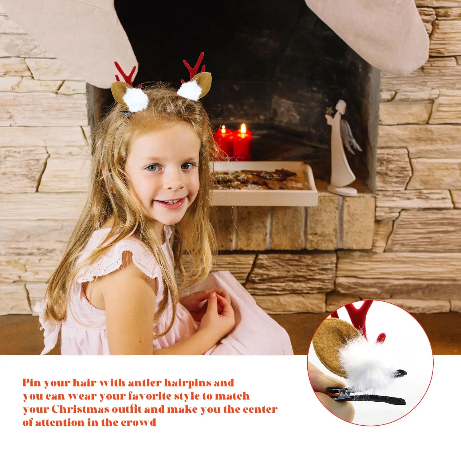 2 قطعة قرون الرنة عيد الميلاد مقاطع الشعر ، لطيف عيد الميلاد الغزلان القرن دبابيس الشعر مع بوم بومس ، إكسسوارات الشعر احتفالية لعيد الميلاد
