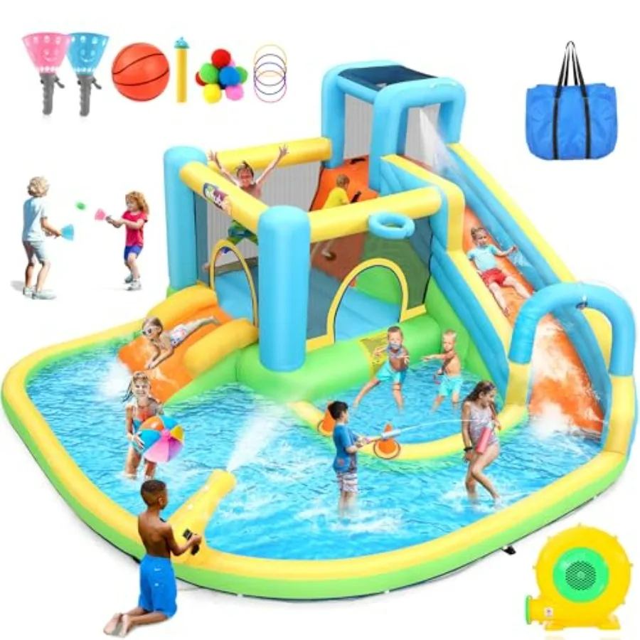 

12.8x12Ft Large Water Bounce House for Big 3-12 13-in-1 Inflatable Bounce House Water Slide Splash Pool 2 Slide Water Spray Arc