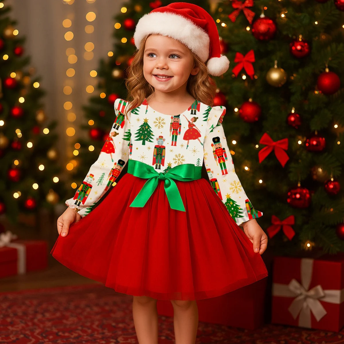 Kids Girls Christmas Dress Nutcracker Print Red Tulle Tutu Skirt Long Sleeve Party Gown Kids Xmas Costume Baby Holiday Clothes