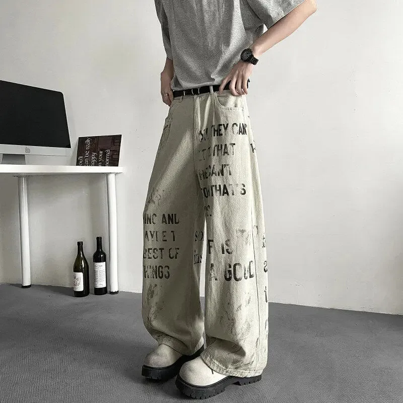 【Mirrordust】Autumn High Street Retro Distressed Slogan Letter Print Jeans Loose Wide-Leg Pants