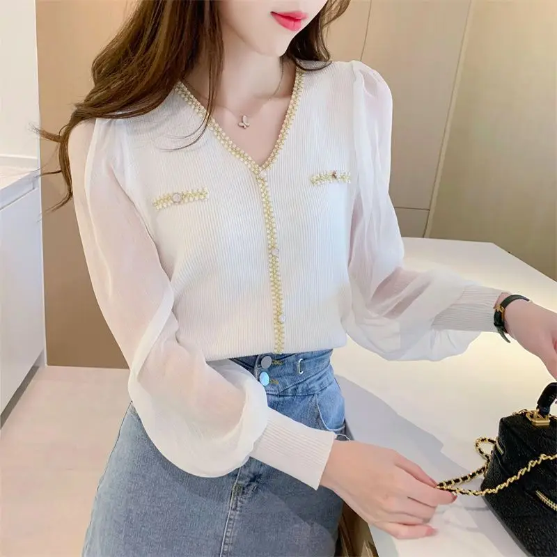2024 New Fashion Design Light Luxury Knitwear Women's Spring/Summer Spliced Chiffon Bubble Sleeve Top Trendy