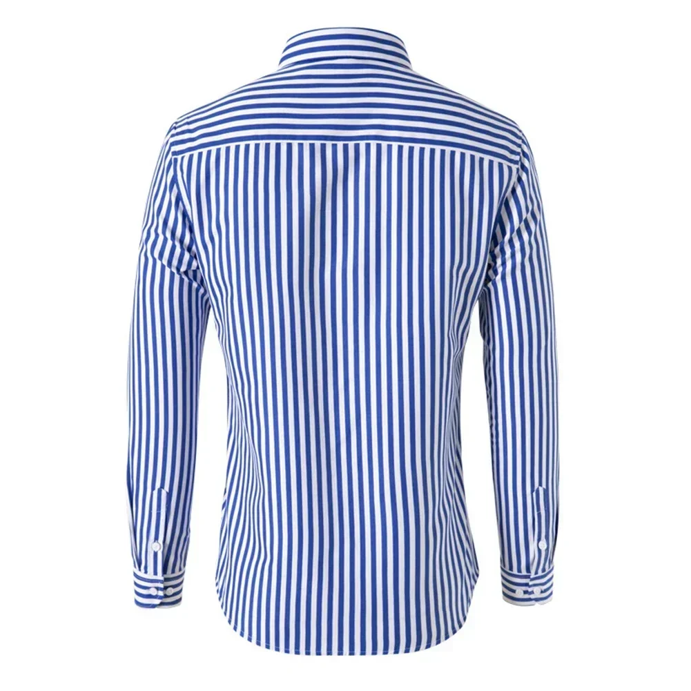 New Mens Long Sleeve Striped Button Shirt Business Baggy Tops Casual Flip Collar Shirt Tight Formal Breathable Solid Male Shirts