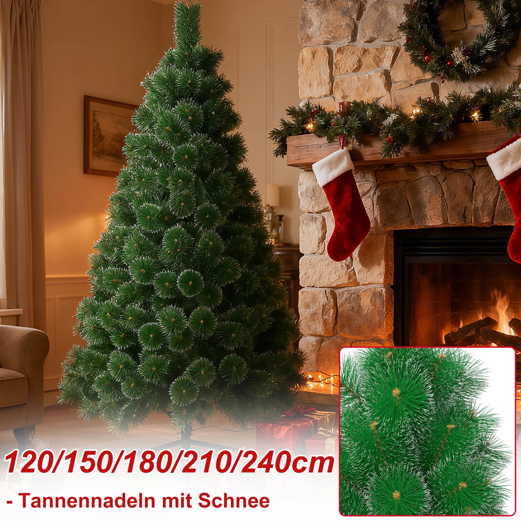 Albero di Natale artificiale con pino innevato e bordi bianchi, disponibile nelle misure 120/150/180/210/240 cm, realizzato in PVC, facile da montare, con struttura stabile in acciaio inossidabile,