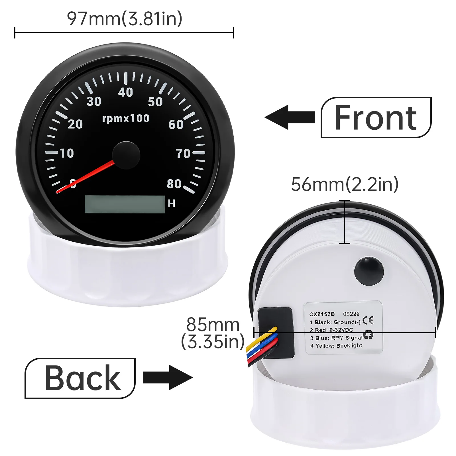 AD New 85mm Tachometer For Boat Marine Tacho Meter Gauge 3k~8k RPM LCD Hourmeter 7 Colors Backlight Tacho Meter Sensor For Car