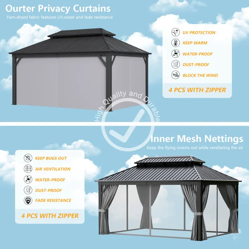 Aoxun hard top 12 'x 16', Gazebo luar ruangan baja kanopi atap ganda bingkai aluminium paviliun permanen dengan tirai dan jaring