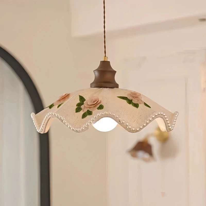 Vintage Floral Rose Glass Pendant Light Wavy Beaded Edge Walnut Decor Adjustable Hanging Lamp Country Style Kitchen Bedroom Cafe
