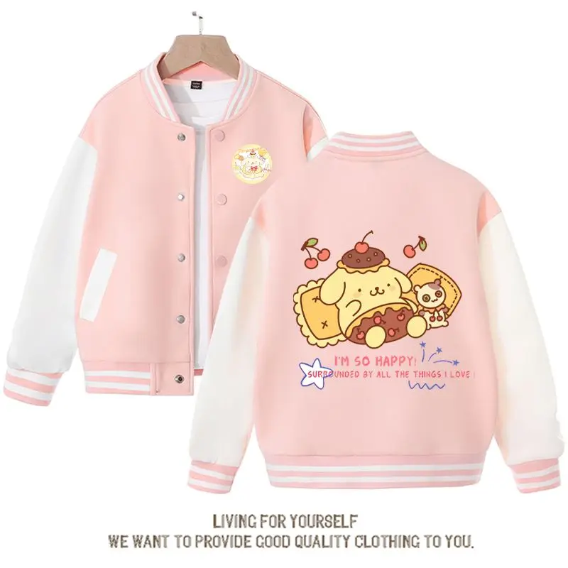 Sanrio Anime Pom Pom Purin Boys Girls Baseball Uniform Cute Cartoon Spring Autumn Children's Casual Loose Jacket Coat Gift