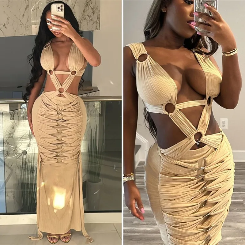 

Sexy Chic Cross Hollow Dress Y2K Trend Backless Sleeveless Bandage Maxi Dress Elegant Women Birthday Party Stretch Maxi Bodycon