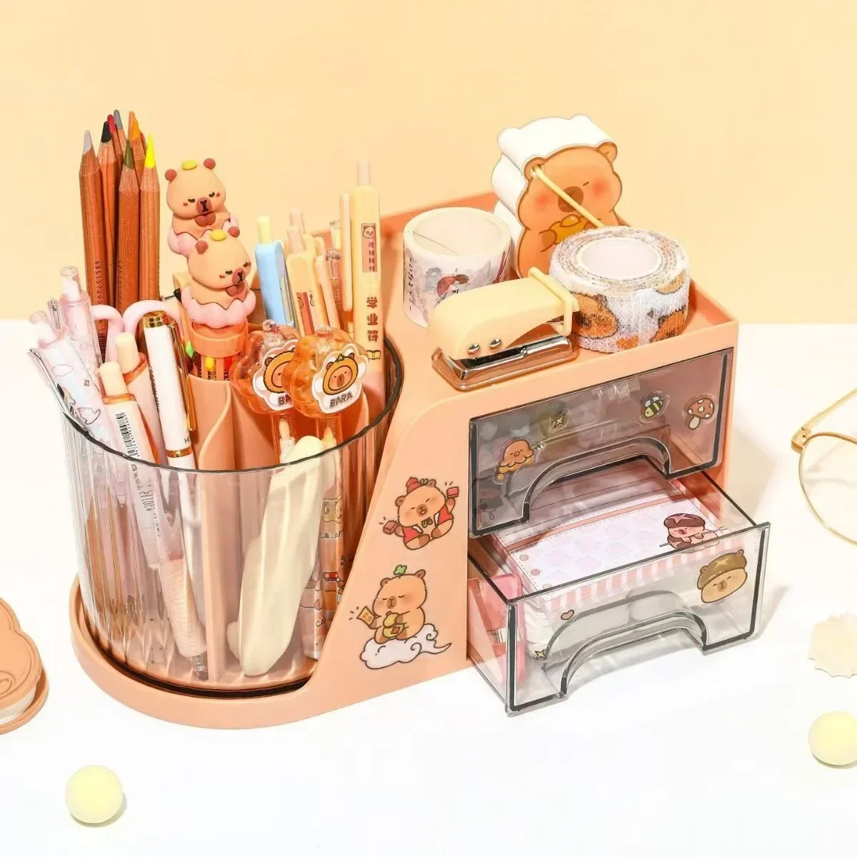 Cartoon Capybara Nail Art Tools Stationery Storage Box Cotton Swab Container Makeup Brush Organizer Box Nail Brush Pen Holder