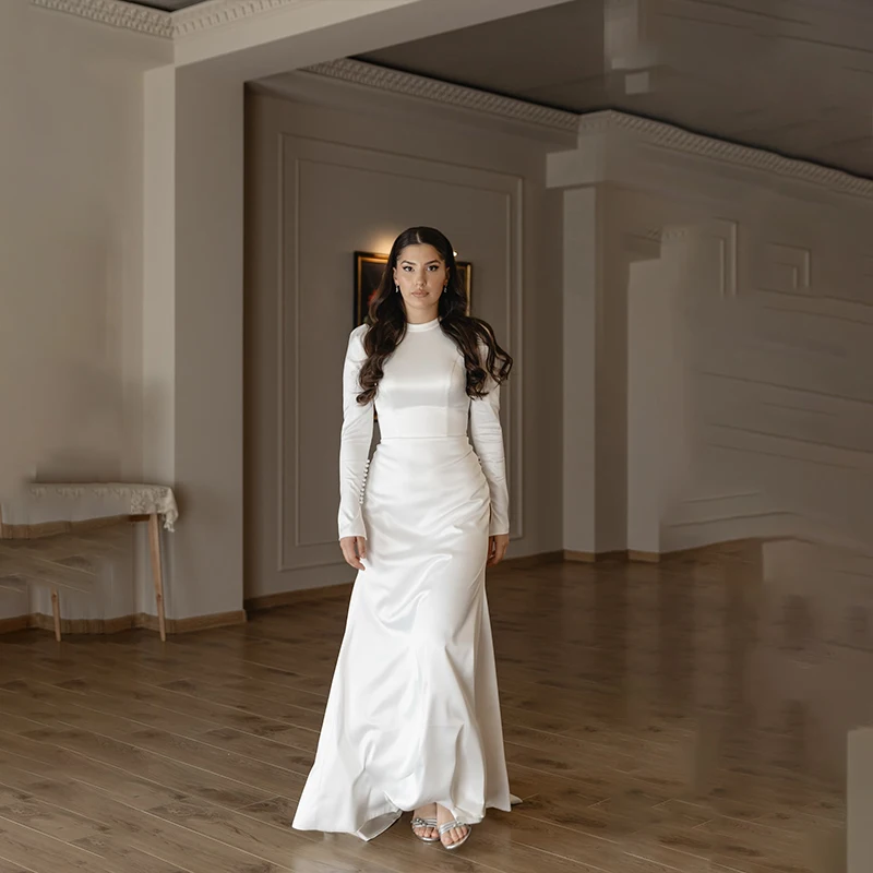 

Muslim Weddings Dresses with Cape O-Neck Long Sleeve Brides Dress Mermaid Satin Simple Bridal Dress Vestido Femininos Customized