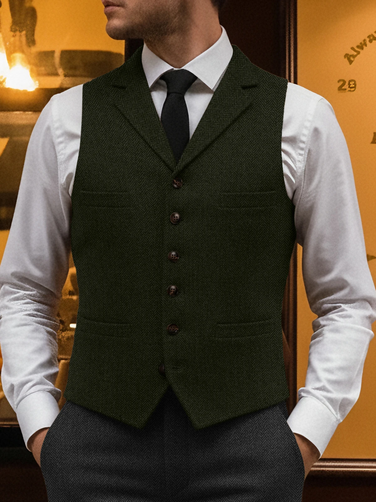 

IN STOCK Men's Herringbone Vest Groomsmen Notched Lapel Tweed Men's Waistcoat Single Breasted Within 3 Days