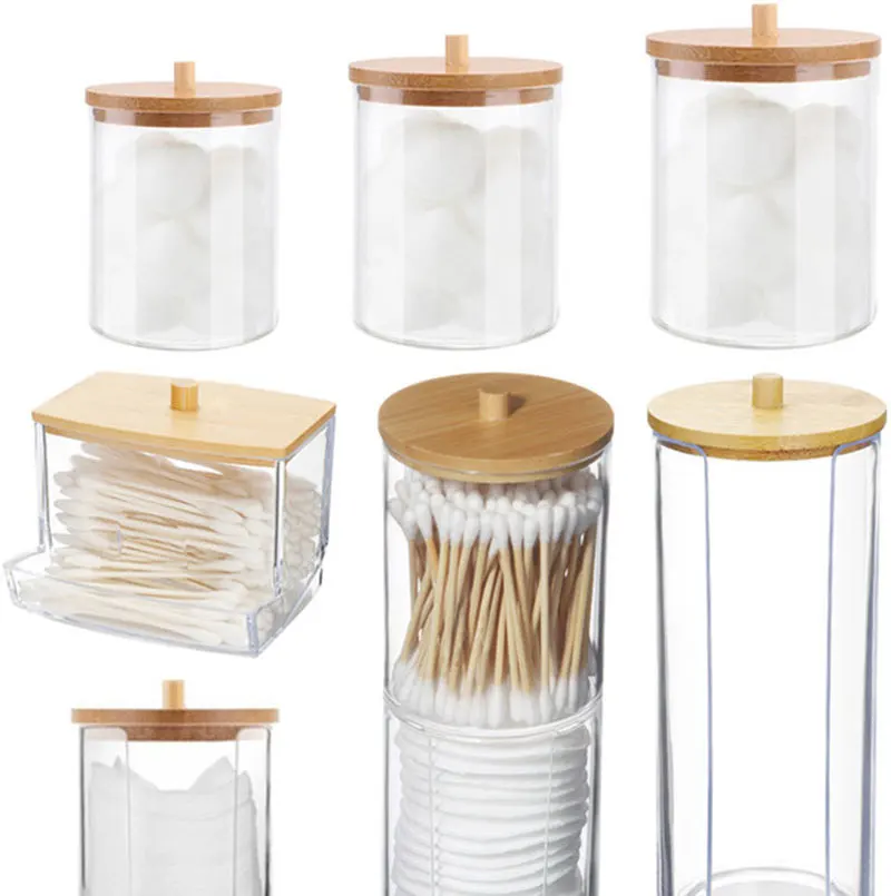 Acryl-Aufbewahrungsbox, Badezimmer-Glas, Make-up-Organizer, Baumwolle, runder Pad-Halter, Baumwoll-Halter, Spender mit Bambusdeckel, transparenter Kunststoff – Detail 3