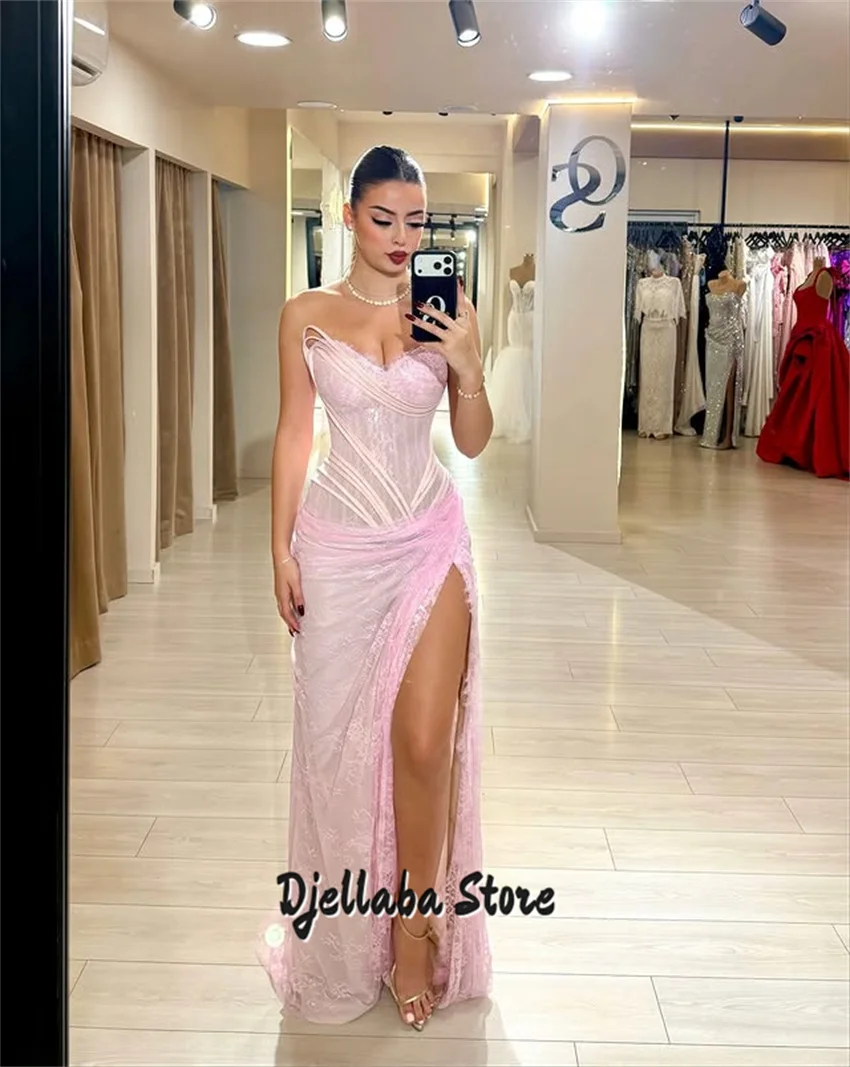Pretty Pink Customized Off The Shoulder Sweetheart Wedding Party Dress With Split Side Lace Prom Dresses vestidos de