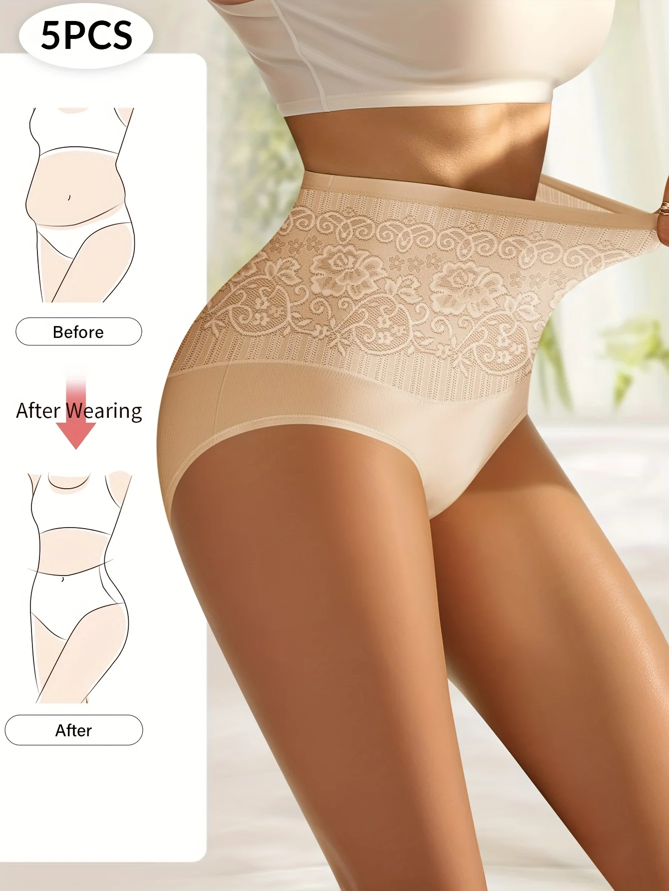 5 Pairs High Waisted Tummy Tuck Women\'s Panties Jacquard Hip-Hugging Triangle Pants Drawstring Cotton Comfortable and Breathable