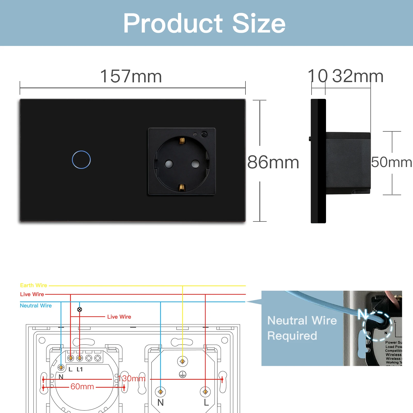 BSEED Smart Wifi Touch Switch 1/2/3 Gang EU Standard EU Socket Work With Tuya Google Smart Home Crystal Glass Panel Smart Switch