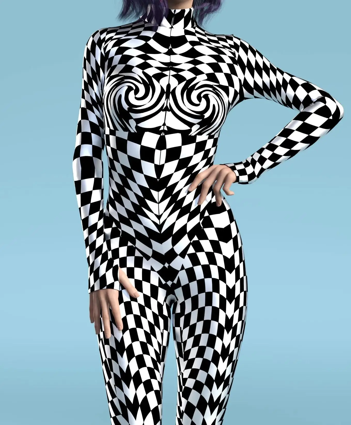 Black And White Checkerboard Plaid Leopard Pattern Sexy Women's Jumpsuit Print Cosplay Costume Party Carnival Biking Bodysuit