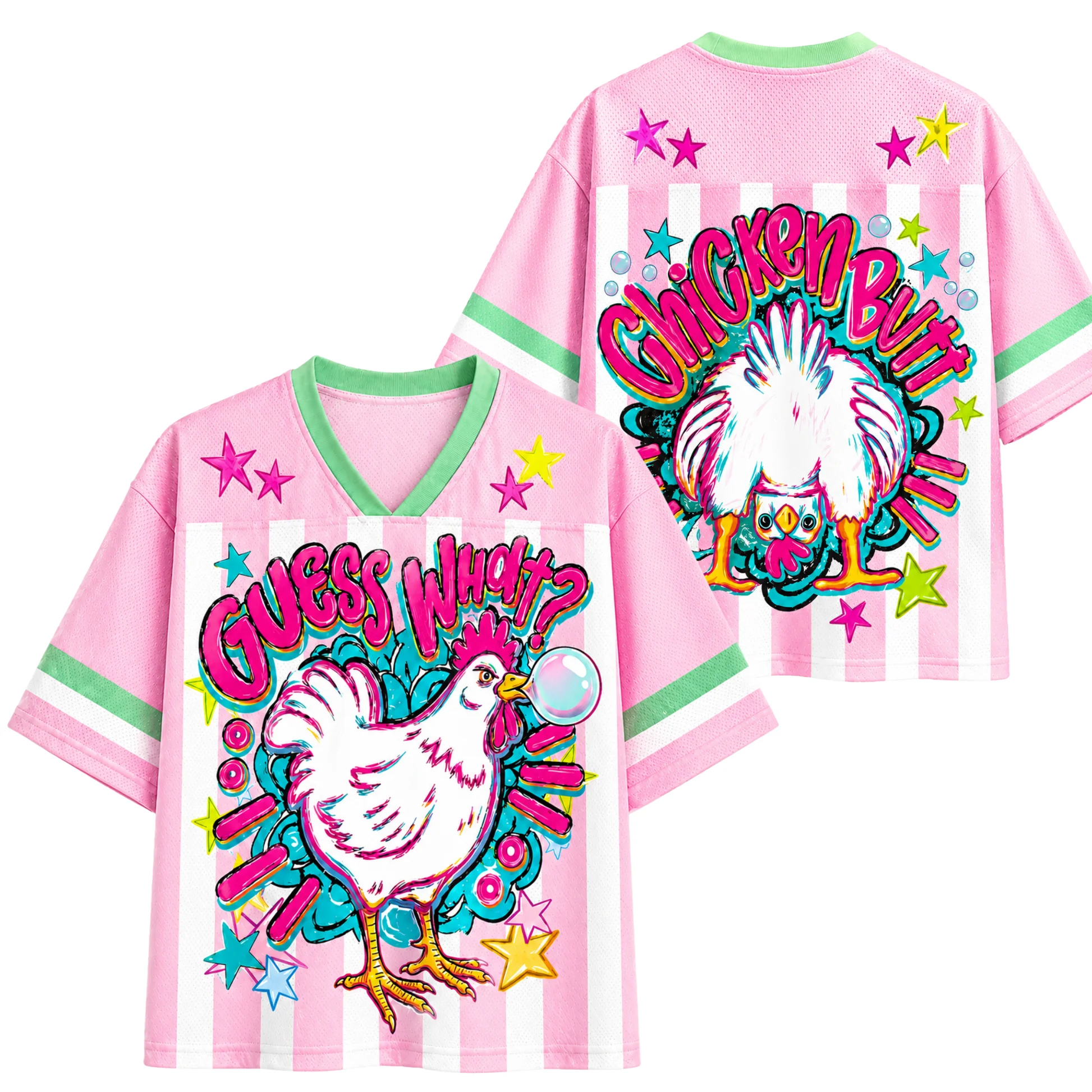 Funny Bubble Gum Chicken Star Letter Print V Neck Jersey Pink Vertical Stripe Green Cuff Casual Y2K Streetwear Sports Top