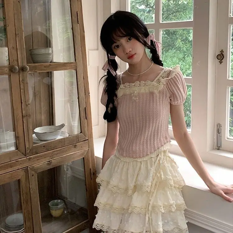 

Ballet Sle Lace Trimmed Puffy Skirt Korean Commute High Waist Cake Skirt Sweet ort Skirt with Bow Tie Polyester Fiber