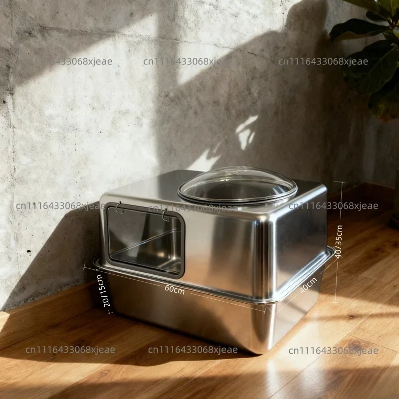 All Stainless Steel Closed Cat Litter Box Glass Space Capsule Oversized Splash-proof Cat Toilet Deodorant and Anti-deodorant