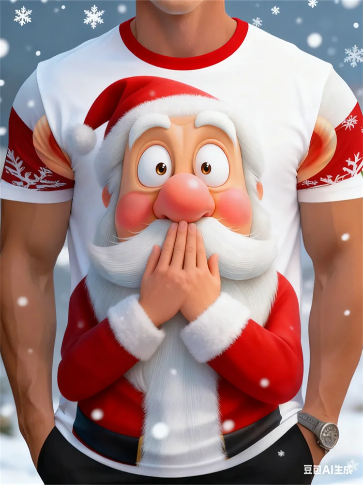 صيف جديد ثلاثية الأبعاد مطبوعة مضحك سانتا كلوز تي شيرت رجالي موضة عطلة قصيرة الأكمام المحملة عادية طاقم الرقبة فضفاض ملابس الشارع الشهير #4