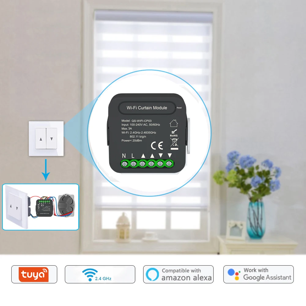 Tuya WiFi/ZigBee Curtain Switch Module Smart Curtain Controller Roller Shutter Blinds Motor APP Control with Google Home Alexa