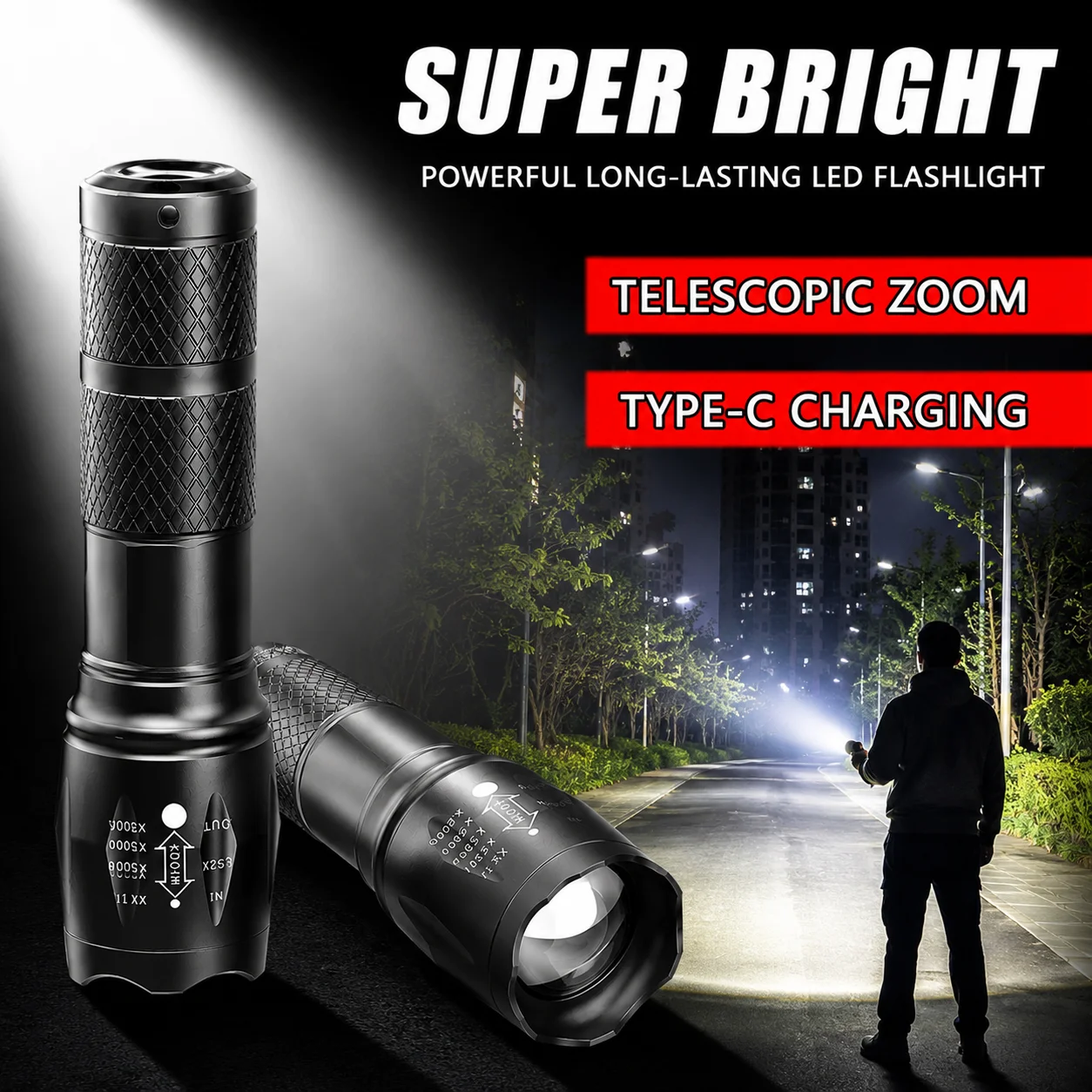 Tragbare LED-Taschenlampe, hohe Helligkeit, Mini-USB-Akku-Licht, Teleskop-Zoom, 3 Lichtstufen für den Einsatz beim Camping und Wandern im Freien