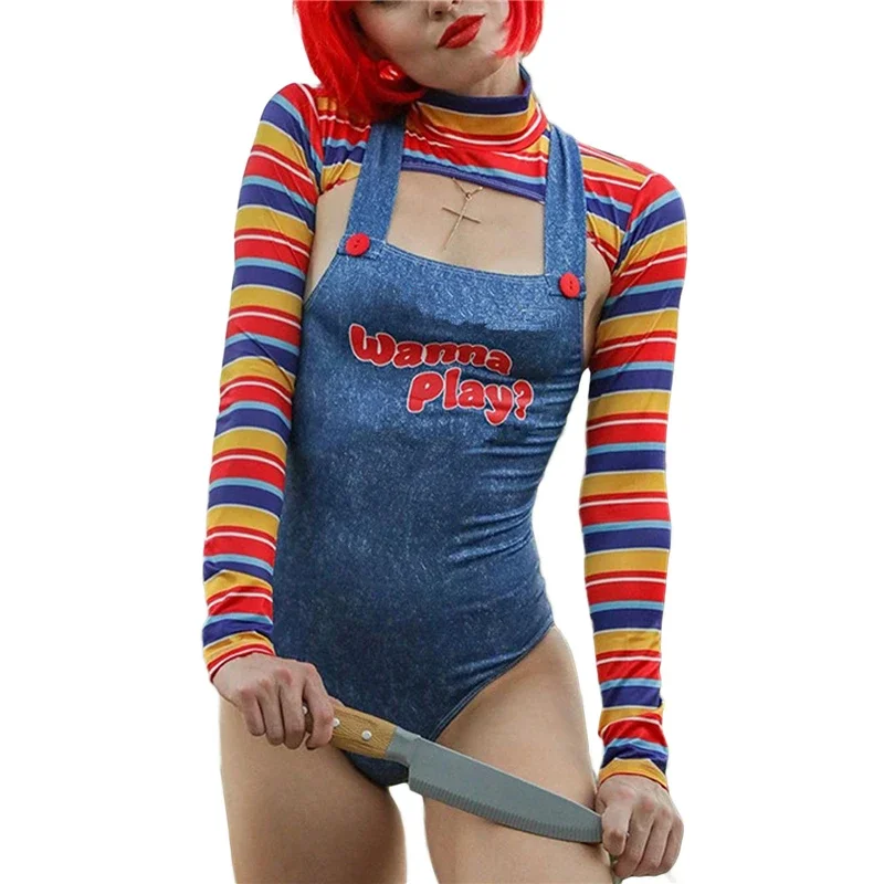 Disfraces de Halloween para mujer, muñeca asesina de pesadilla aterradora, quiero jugar, traje de personaje de película, conjunto de disfraz de muñeca Chucky