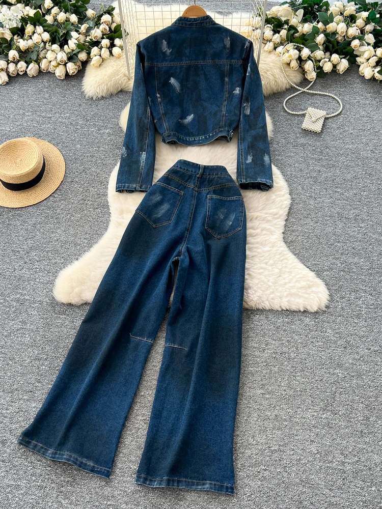 Conjunto de Jeans de Cintura Alta com Corte Reto e Jaqueta de Denim de Manga Curta para Mulheres, Estilo Casual de Outono