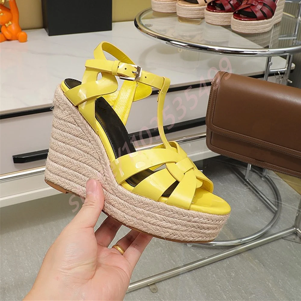 

Сексуальные римские сандалии на платформе с тканой танкеткой, лето 2023, пляжные сандалии с открытым носком для вечеринки, подиума, роскошные модные повседневные сандалии на высоком каблуке с пряжкой