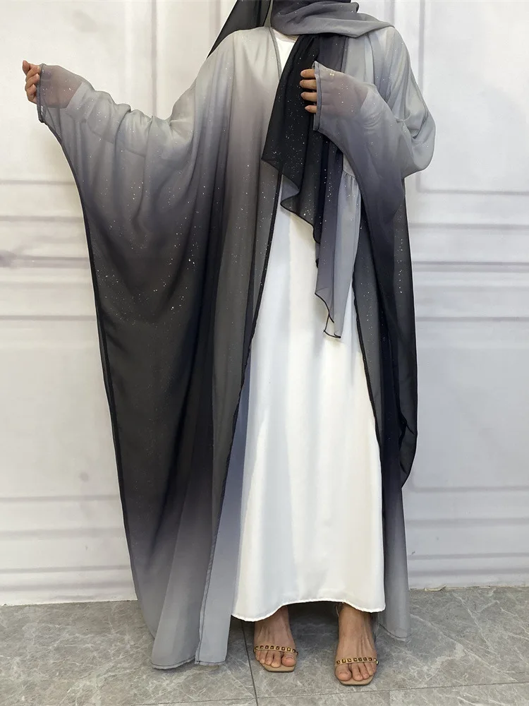 2024 Ramadan Dubai Arab Luxury Fashion Middle Eastern Islamic Muslim Chiffon Cardigan Gradient Bat Cuff Headscarf Set Abaya