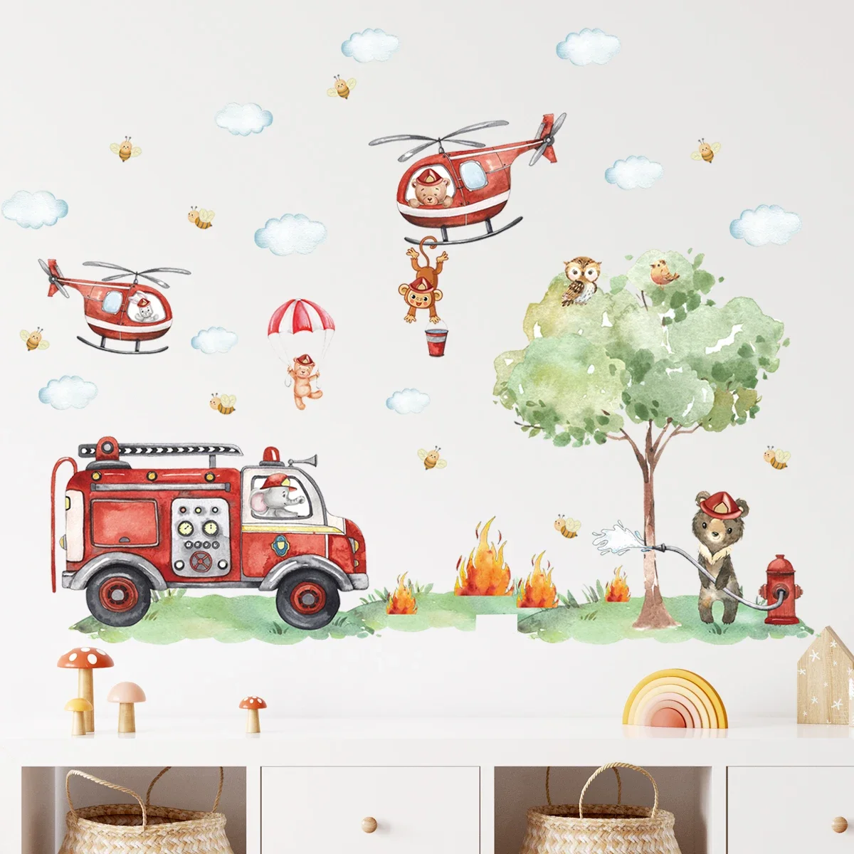 الكرتون الحيوان شاحنة مكافحة الحرائق الأطفال ملصقات جدار لغرفة الأطفال غرفة نوم الطفل الديكور غرفة المعيشة صور مطبوعة للحوائط