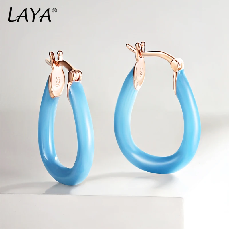 

LAYA Silver Hoop Drop Earrings For Lady 925 Sterling Silver Simple Design Circle Turquoise Green Enamel Fine Jewelry 2025 Trend