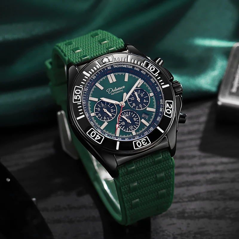 Top Brand Automatic Watch Men Multifunctional Mechanical Watch Green Rubber Belt Sports Waterproof Wristwatch Reloj Hombre