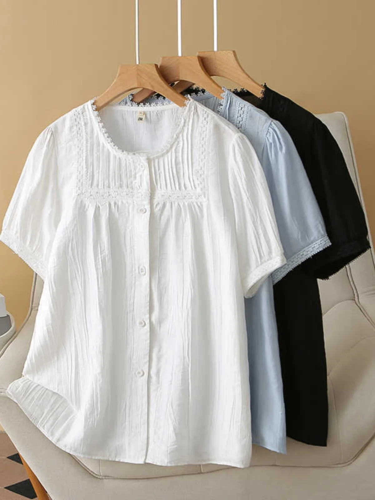 

plus Size Korean Style Shirt Lace Trim Splicing Pleated Elegant Top Summer Fashion Bubble Sleeve round Neck Short Sleeve Blouse