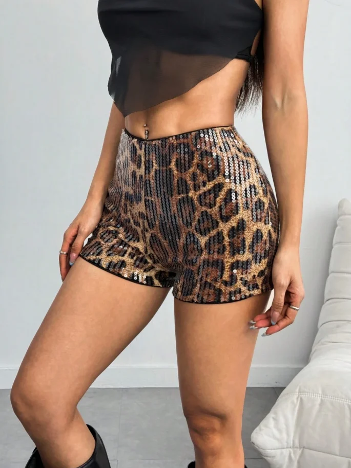 Women Summer Sexy Leopard Sequin Hot Pants, Slim‑Fit Elastic Bodycon Short Bottoms, Clubwear Stretchy Shorts for Party Nightclub