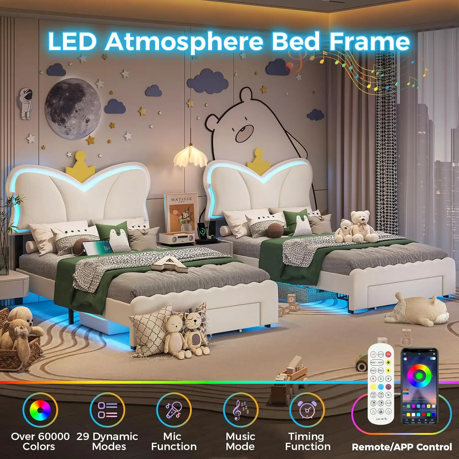 LED Twin Bed Frame with Storage Drawer and Charging Station, Crown Bed with Adjustable Double Butterfly Headboard, Upholstered