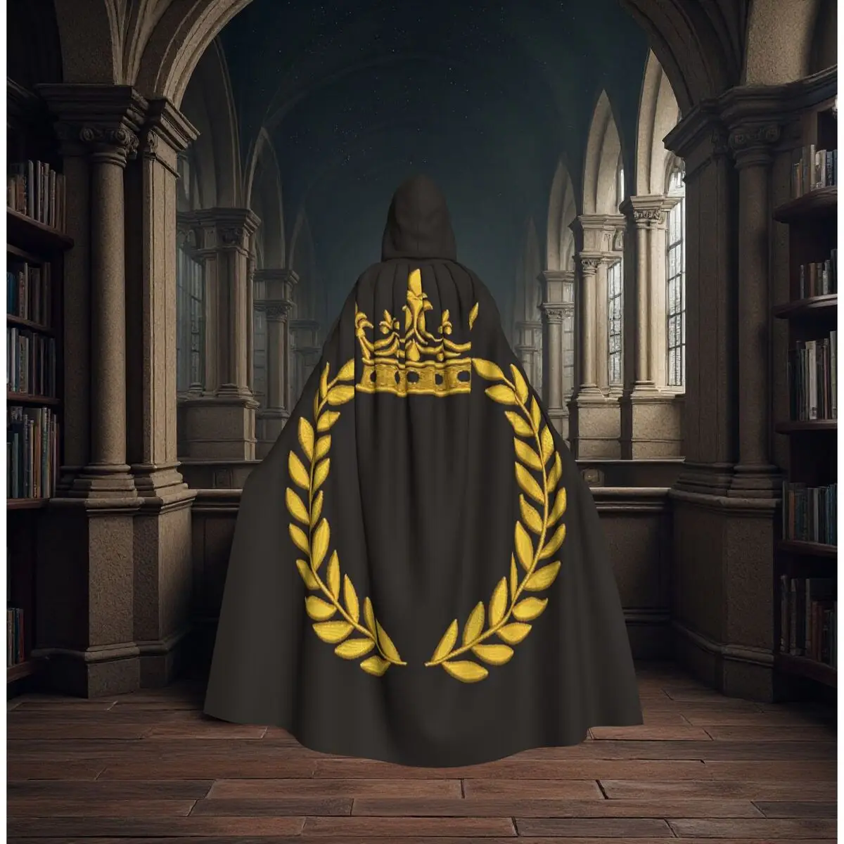 

Golden Crown Renaissance Regal With Leaf And Vine Long Hooded Cloak Witch Medieval Costume Cosplay Cape HalloweenCoat Unisex
