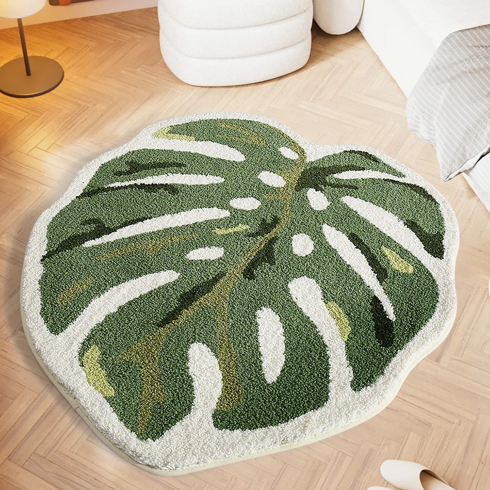 Ins Monstera Green Leaf Carpet Bedroom Rug Living Room Decorative Carpet Thickened Encrypted Plush Non-Slip Floor Mat