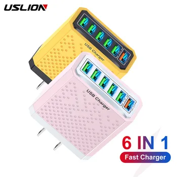 USLION USB 충전기 고속 충전 어댑터, 샤오미 아이폰 15 14, POCO 휴대폰, EU 미국 플러그, QC 3.0 여행용 충전기, 3.1A, 6 포트  Best5