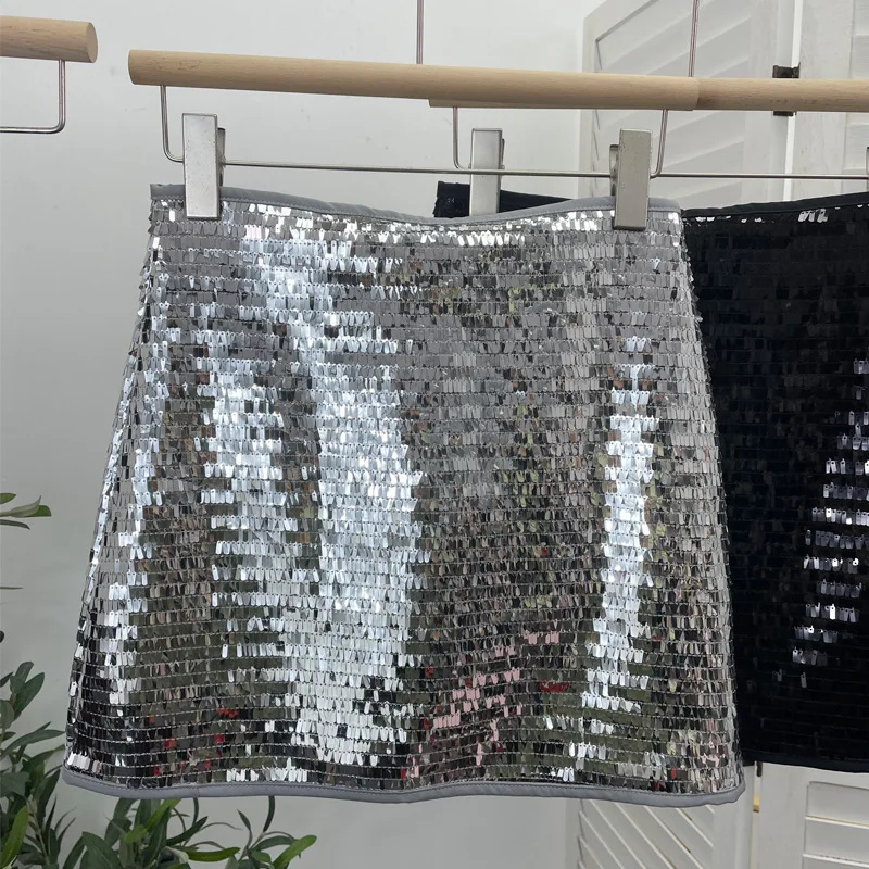 

Heavy Work Shiny Sequin Design Mini Skirt Women High Waist Slim Bag Hip A-Line Skirt 2024 New Spring