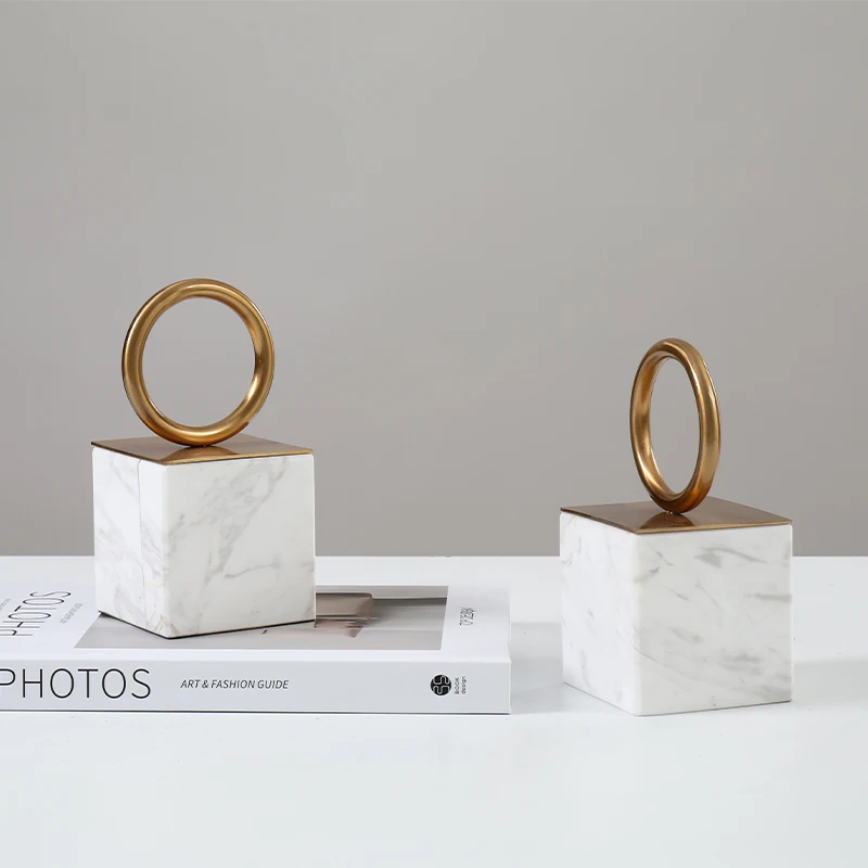 Modern Luxury Bookcase Marble Golden Metal Ring Bookend For Model Room Desk Book Stand Soft Decoration Ornaments Accessories