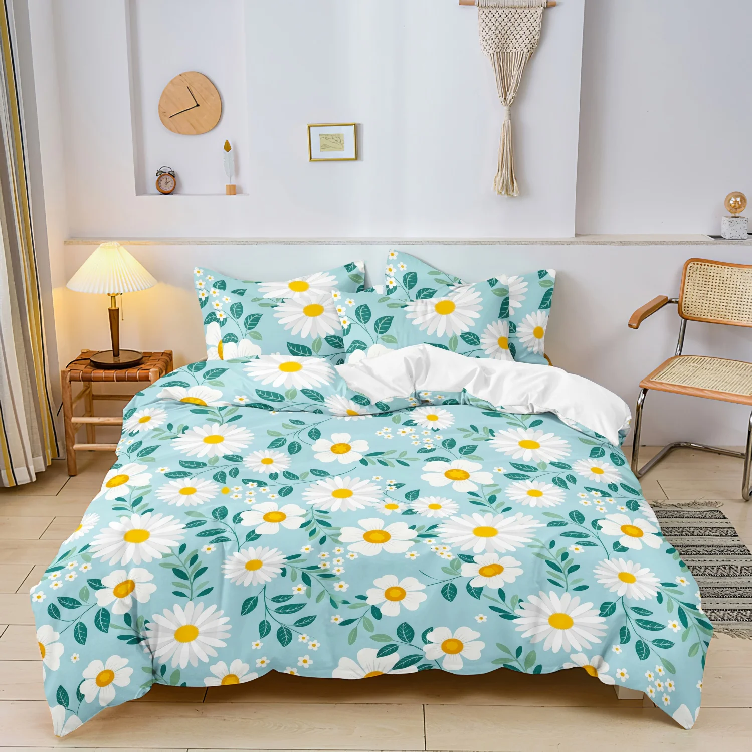 3 Pieces Soft Light Cyan Background White Daisy Duvet Cover Set, Delicate Green Leaf Wildflower Botanical Print Bedding
