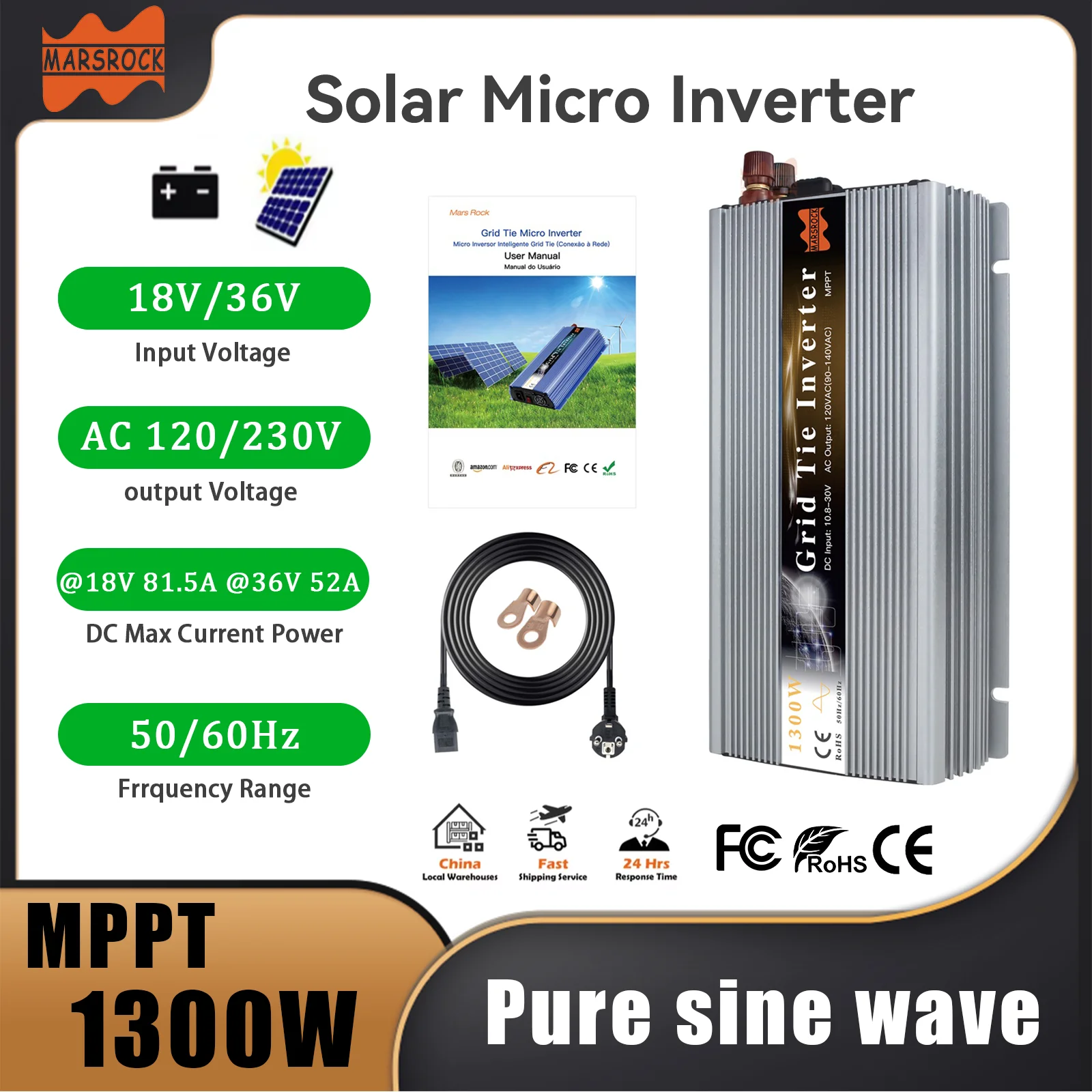 

MPPT 1300W Grid Tie Micro Solar Inverter DC 18V 36V to AC 120V 230V Pure Sine Wave Micro Converter for Solar Panel Home System