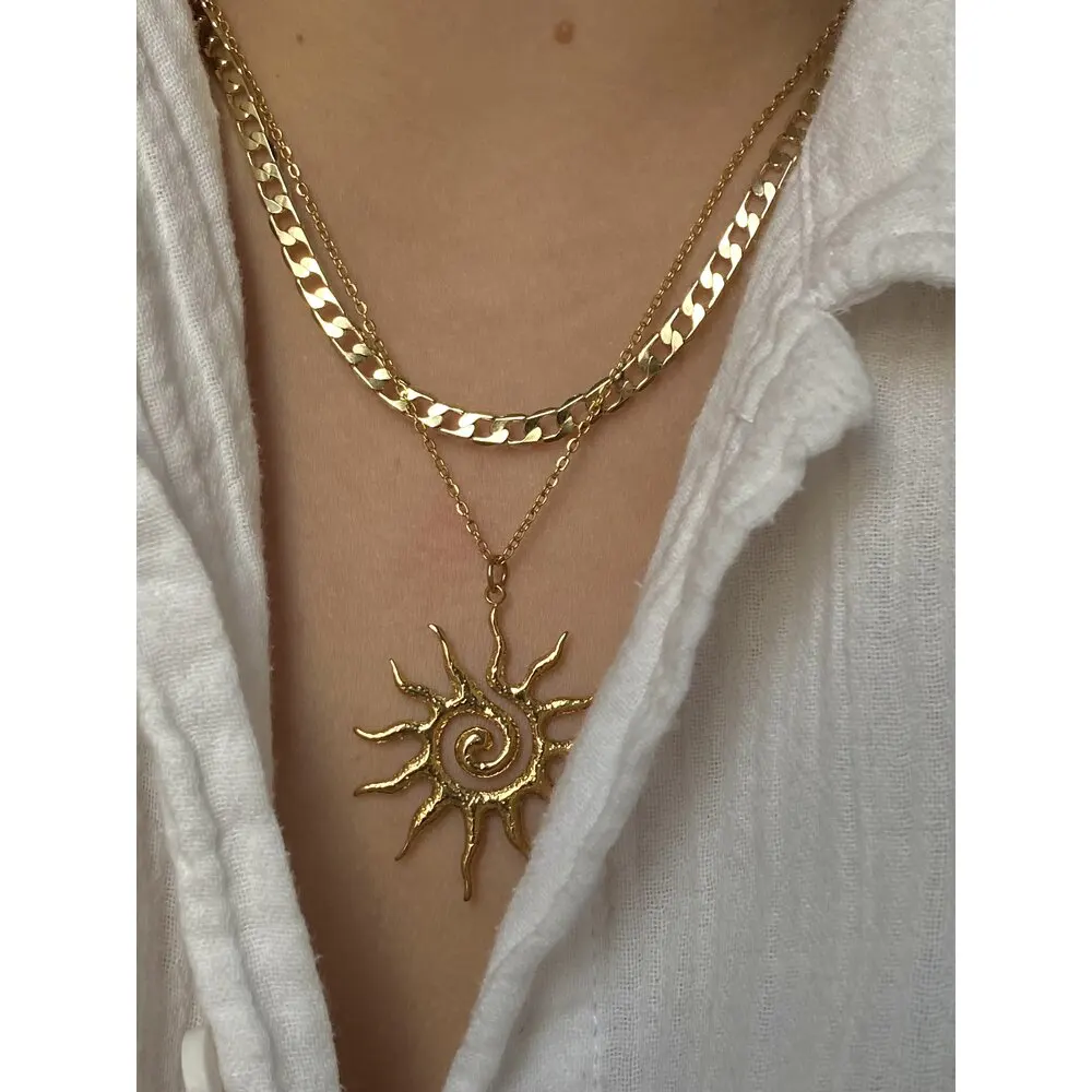 Flashbuy Vintage Chic Sun Shaped Pendant Stainless Steel Necklace Statement Golden Fashion Jewlery Gift image 2