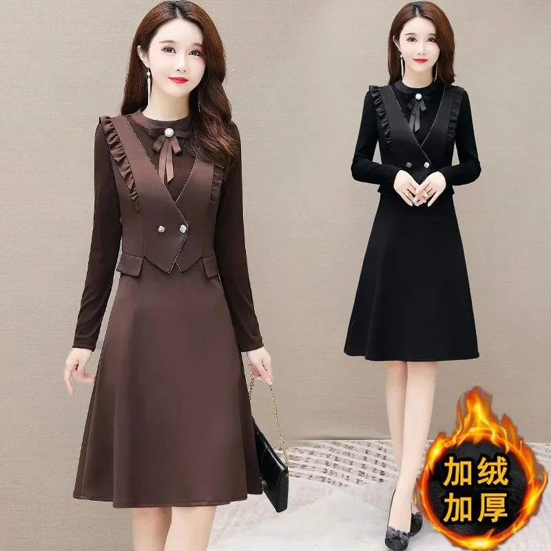 Autumn Winter Mid-Long Fake Two Pieces Dress Women 2024 New Falbala Round Collar Dresses Pure Colour Thicken A-Line Skirt Female