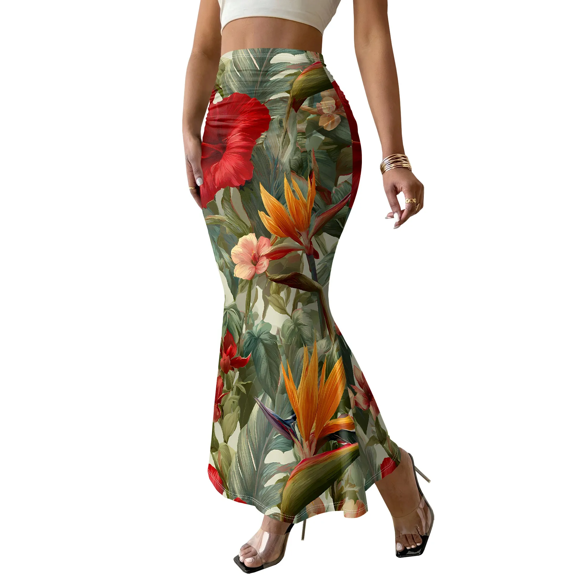 Tropical Print Mermaid Skirt, Floral High Waist Maxi Skirt, Summer Beach Wear, Vacation Outfit, S-2XL
