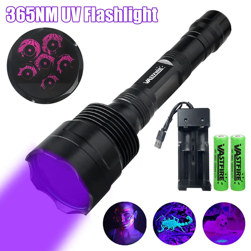 365nm black light  6-core  UV flashlight 60W for cotton fiber, UV glue curing, degreasing detection, hydraulic leak detection