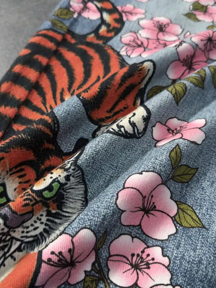 

Mens Spring Summer Casual Loose Wide Leg Denim Jeans With Tiger And Floral Print